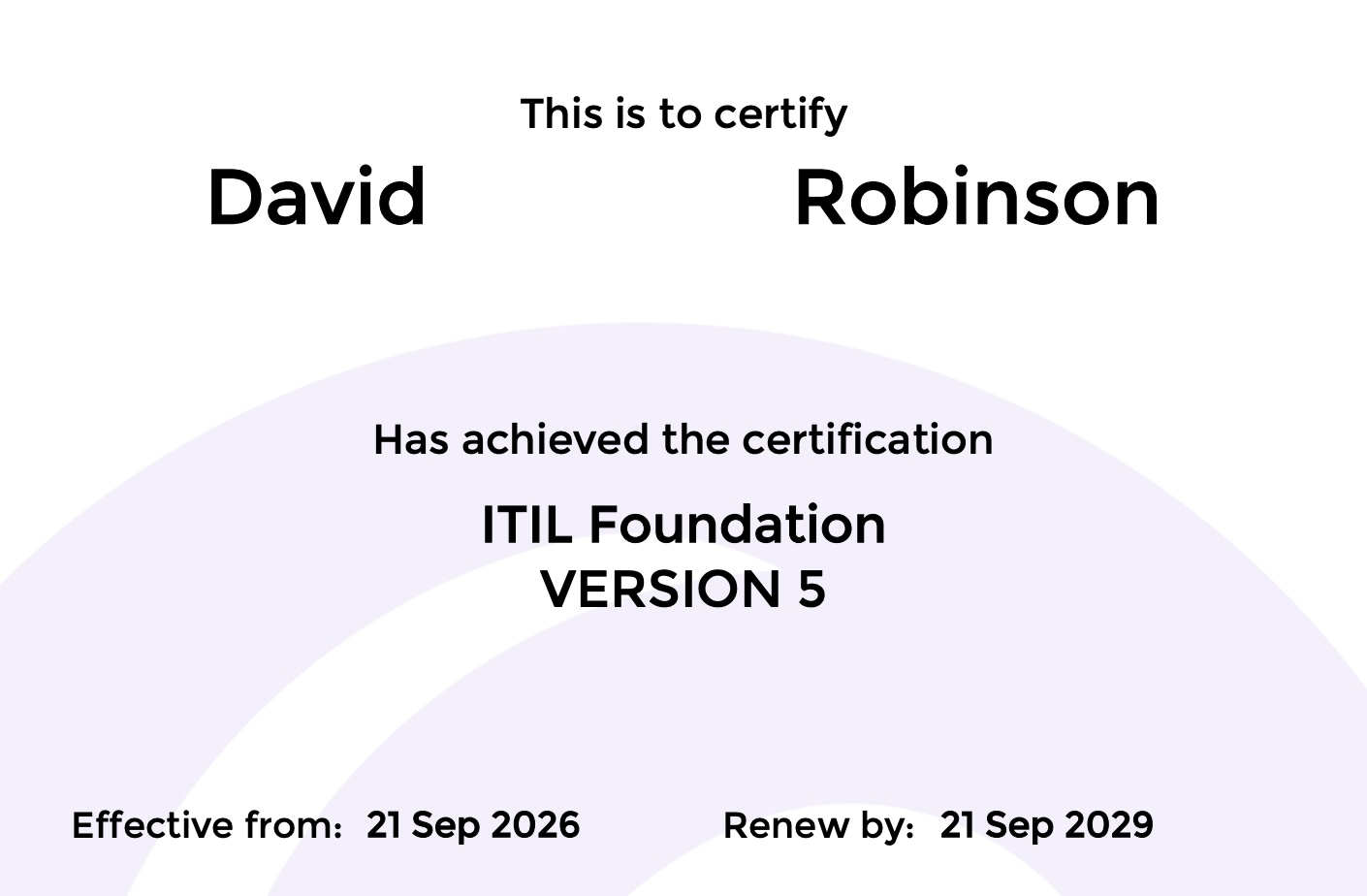 ITIL Foundation Version 5 certificate issued to David Robinson